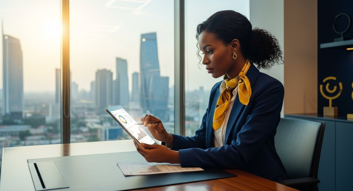 A client reviewing her investment portfolio performance on a tablet